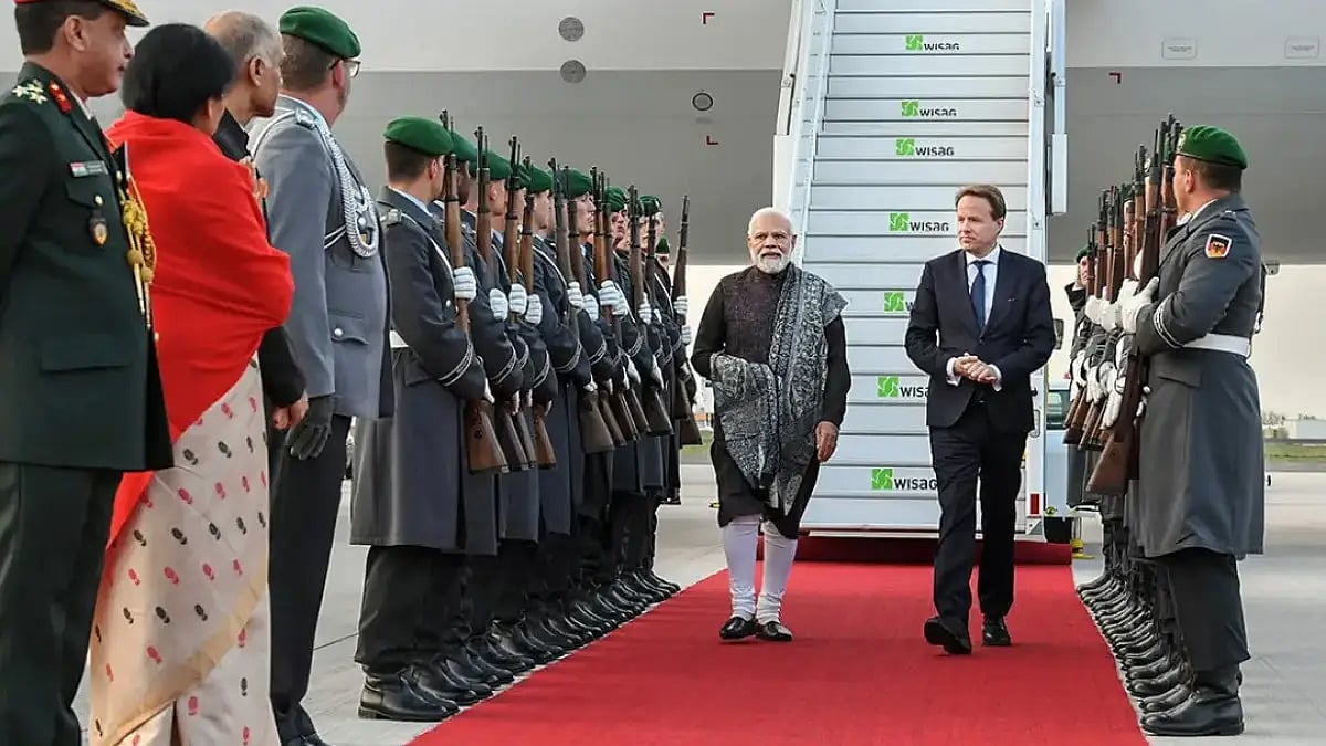 PM Modi being welcomed on his arrival in Berlin. PM Modi is on a three-day visit to Europe.