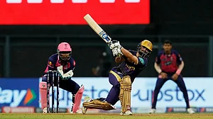 Rinku Singh of KKR plays a shot against Rajasthan Royals in an IPL 2022 game on Monday.