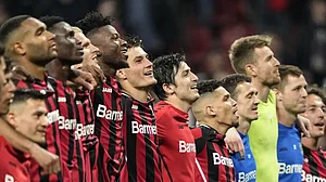 Bayern Leverkusen players celebrate their win Eintracht Frankfurt in German Bundesliga 2021-22.