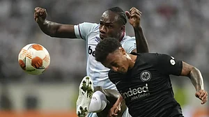 Frankfurt's Tuta, right, challenges West Ham's Michail Antonio during their Europa League semi-final second leg match in Frankfurt, Germany, May 5, 2022.