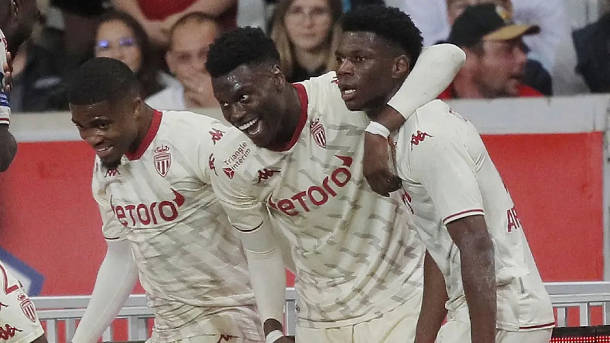 Monaco's Aurelien Tchouameni, right, celebrates a goal against Lille during their Ligue 1 match at the Pierre Mauroy stadium in Villeneuve d'Ascq, May 6, 2022. 