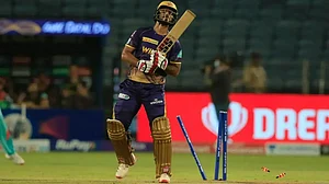 Nitish Rana reacts after being clean bowled.