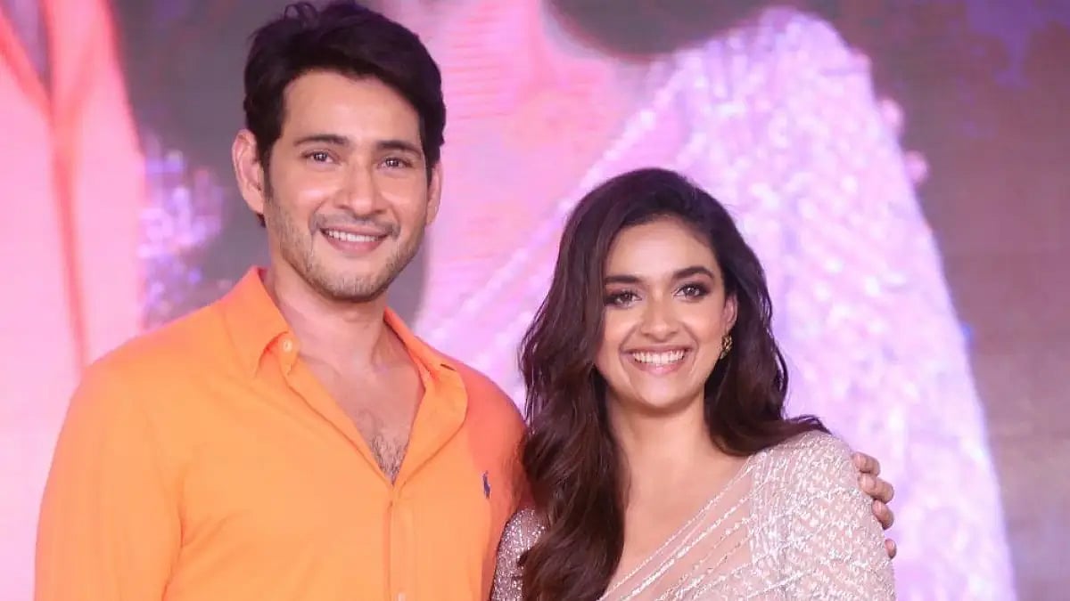 Actor Mahesh Babu with Keerthy Suresh at the promotional event of 'Sarkaru Vaari Paata'.