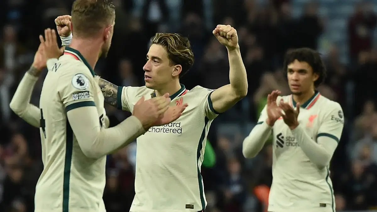 Liverpool players celebrate after winning against Aston Villa in English Premier League 2021-22.
