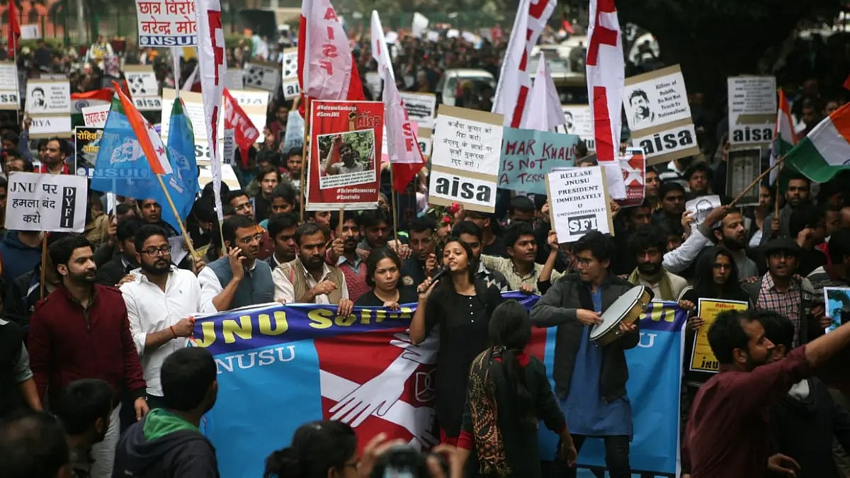 Students, teachers and activists marched to protest against the sedition charges and arrest of JNU S