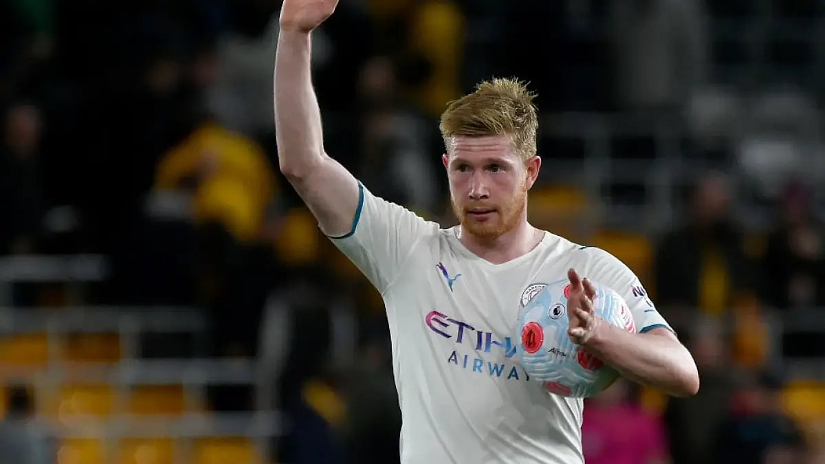 Manchester City's Kevin De Bruyne celebrates one of his four goals against Wolves in EPL.