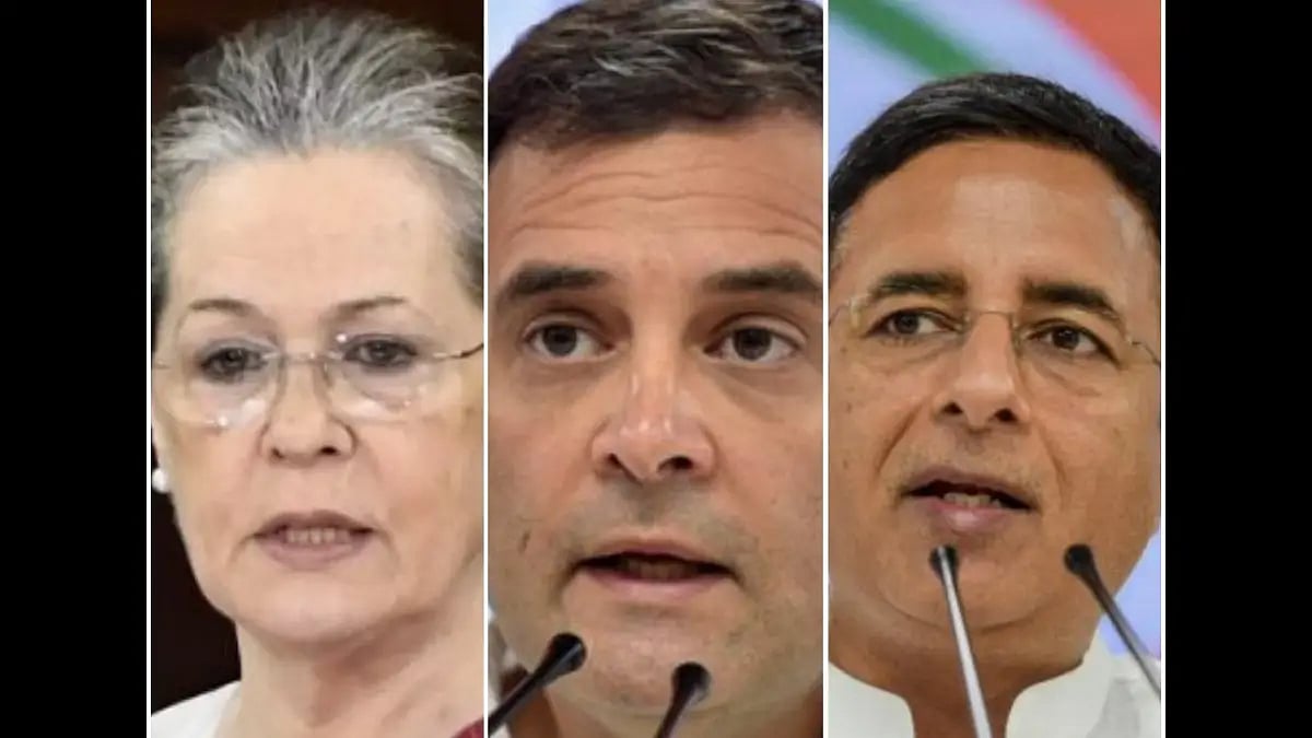 Congress President Sonia Gandhi, leader Rahul Gandhi and General Secretary Randeep Singh Surjewala