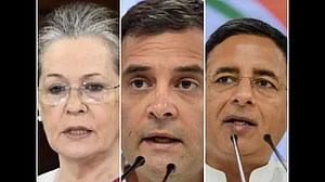 Congress President Sonia Gandhi, leader Rahul Gandhi and General Secretary Randeep Singh Surjewala