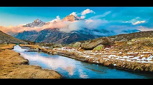 Tapovan during a beautiful sunset with floating clouds