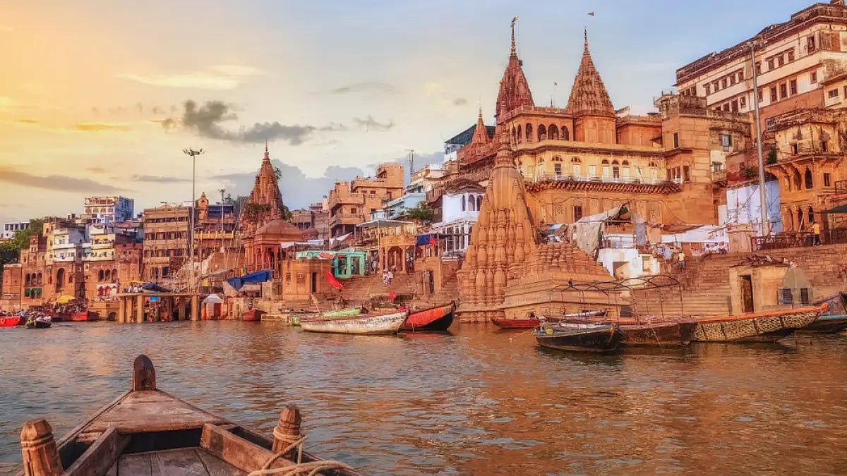 The ghats in Varanasi on river Ganges at sunset