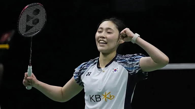 South Korea's Sim Yu Jin reacts after defeating China's Wang Zhi Yi in Uber Cup 2022 final. - File Photo
