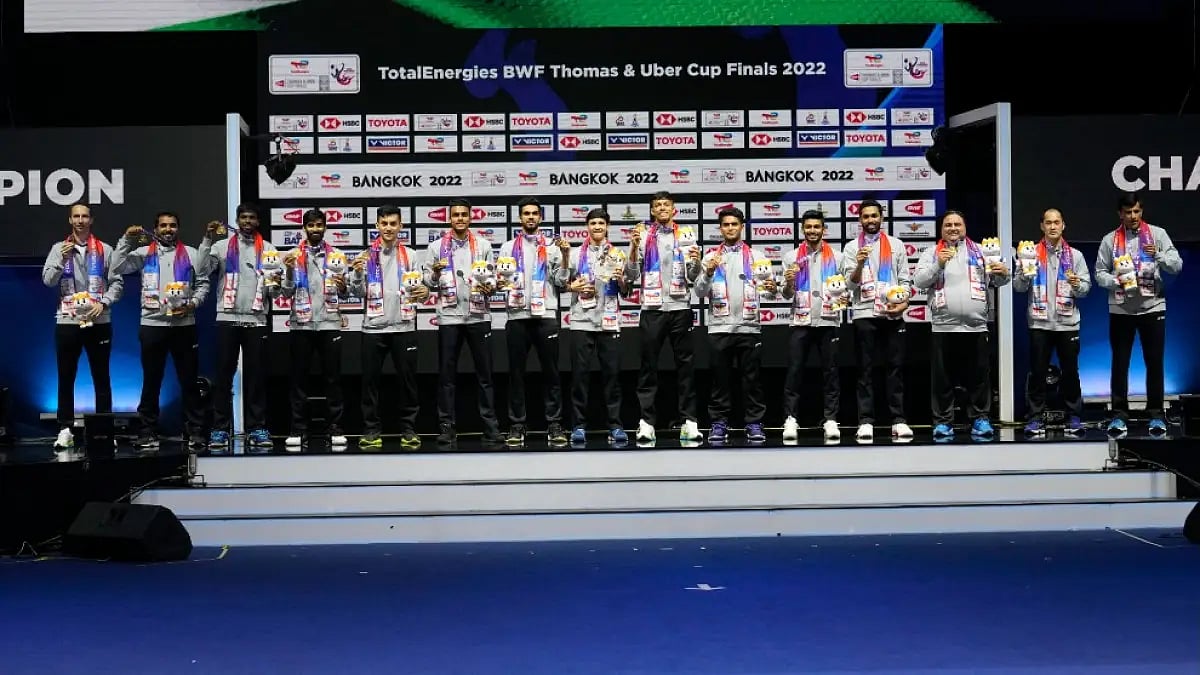 Indian players pose with their Thomas Cup 2022 gold medals in Bangkok on Sunday.  
