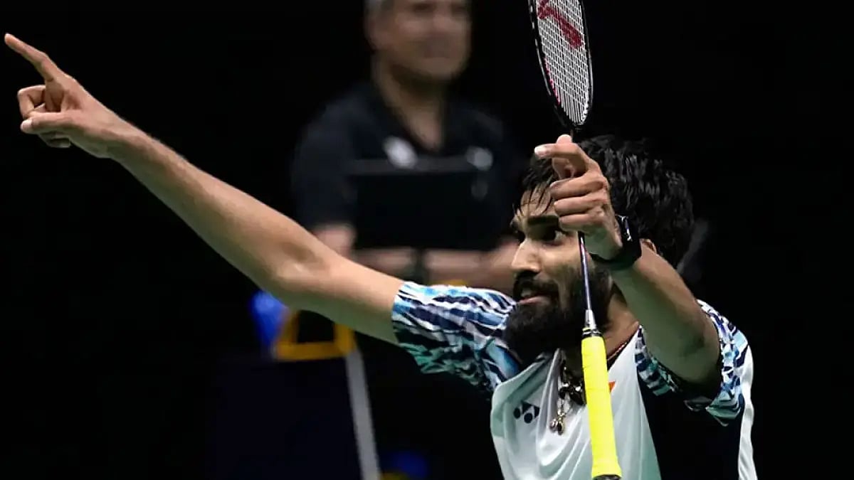 India's Srikanth Kidambi reacts after winning a point against Indonesia's Jonatan Christie.