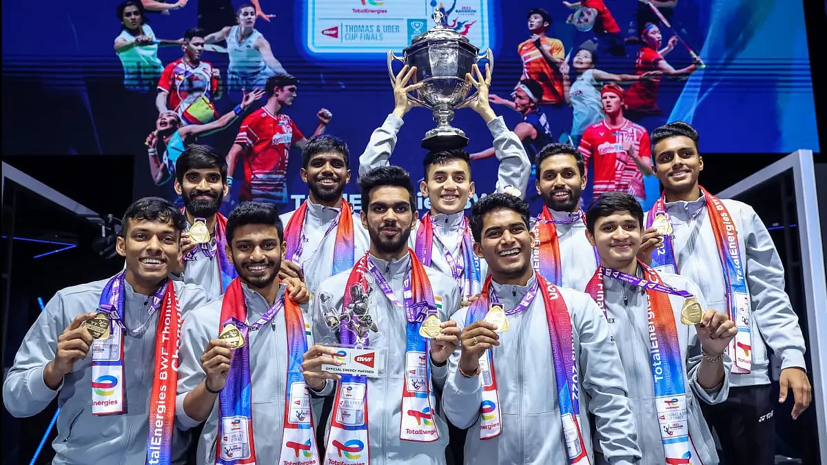 Indian players celebrate after winning the Thomas Cup 2022 in Bangkok on Sunday. 