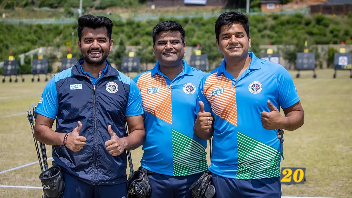 The Indian men's compound team in all smiles after reaching Archery World Cup Stage 2 final.   