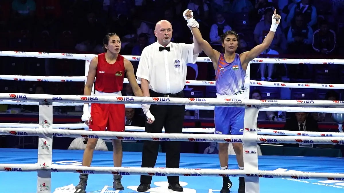 Nikhat Zareen (in Blue) celebrates after entering IBA Women’s World Boxing Championships final.