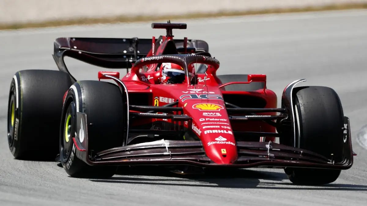 Charles Leclerc steers his car during practice session at the Barcelona Catalunya racetrack.