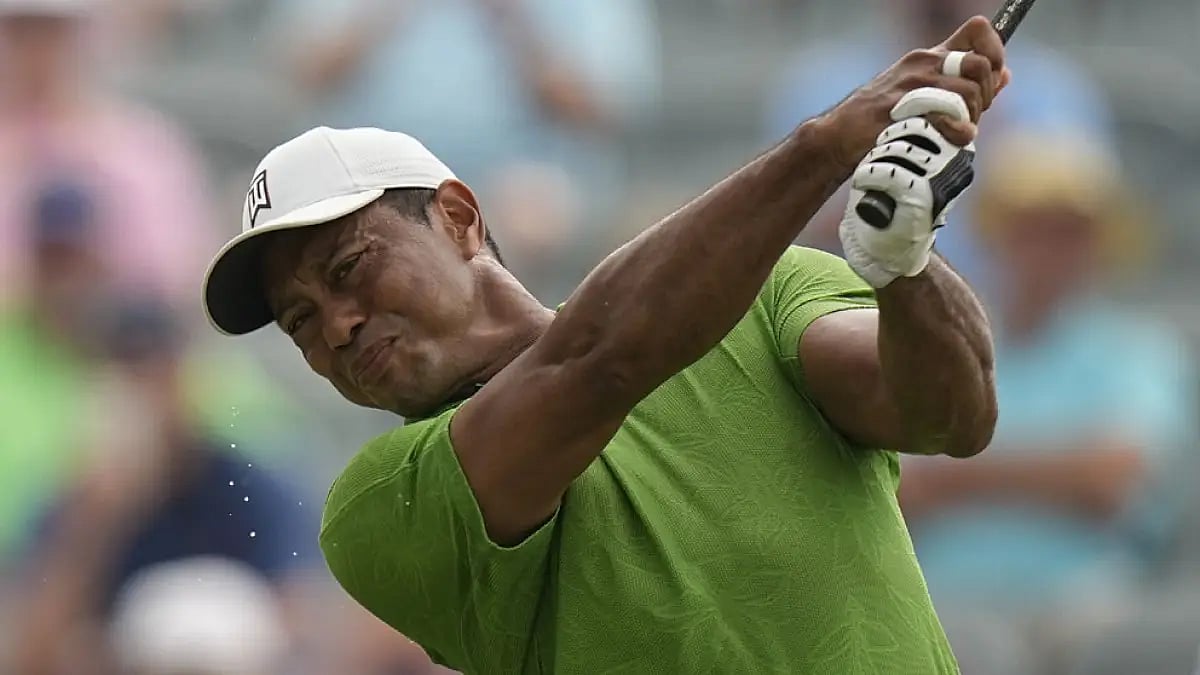 Tiger Woods watches his tee shot on the 10th hole during the second round of the PGA Championship golf tournament, May 20, 2022.