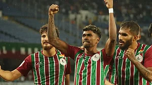 Liston Colaco celebrates after completing his hat-trick vs Basundhara Kings in AFC Cup 2022.