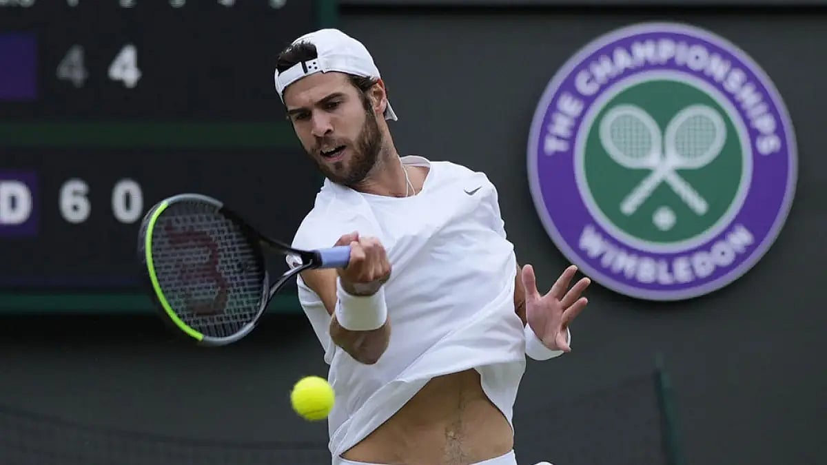 Russia's Karen Khachanov during a tennis match at Wimbledon 2021.