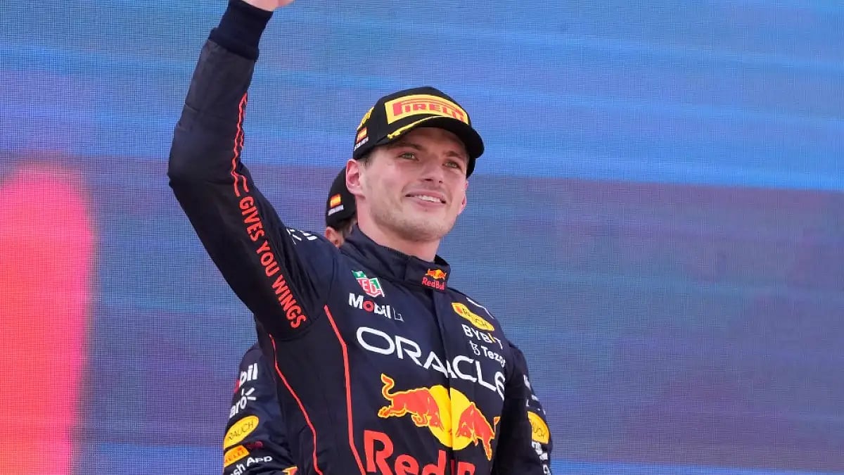 Max Verstappen celebrates on the podium after winning Spanish F1 Grand Prix on Sunday.