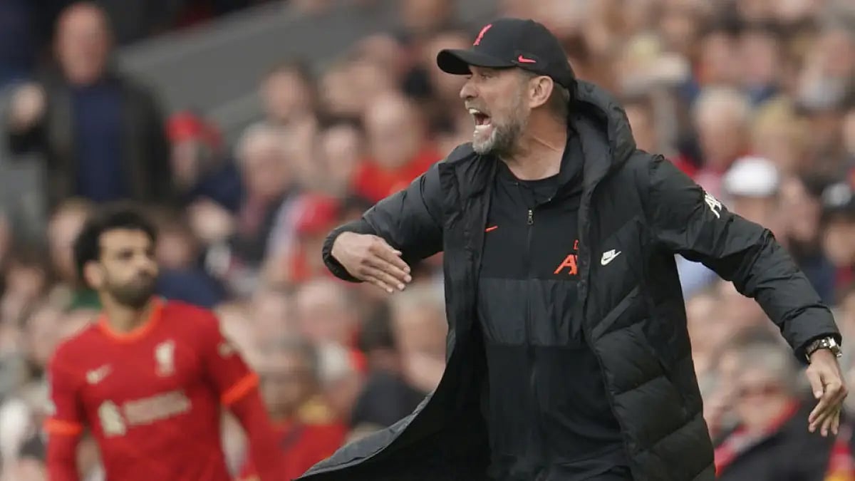 Liverpool's manager Jurgen Klopp reacts during their EPL match against Wolverhampton at Anfield stadium, May 22, 2022.
