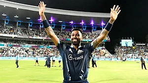 Hardik Pandya celebrates after Gujarat Titans' entry to IPL 2022 summit clash on Tuesday.