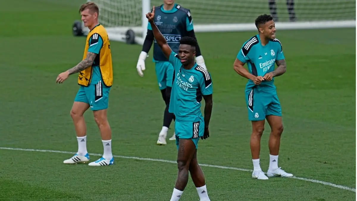 Real Madrid players train ahead of the UEFA Champions League final against Liverpool.