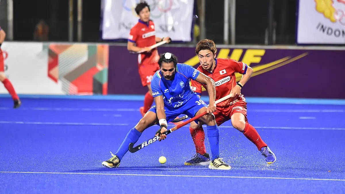 Action during India vs Japan match at Asia Cup hockey 2022. Watch India vs Indonesia live. 