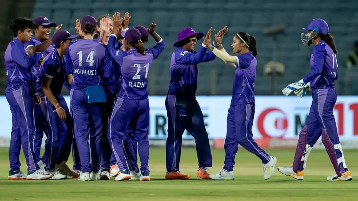Velocity players celebrate a wicket during their Women's T20 Challenge tie vs Trailblazers. 