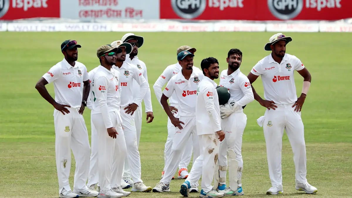 Bangladesh players wait for a review against Sri Lanka in the second Test in Dhaka. 