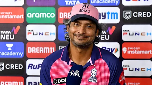 File : Rajasthan Royals' Kumar Sangakkara addresses the post-match press conference.