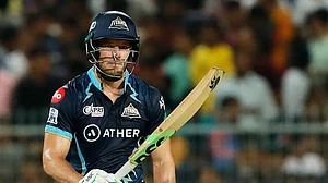 David Miller reacts after completing his fifty against Rajasthan Royals in IPL 2022 Qualifier 1.
