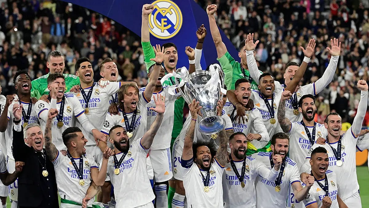 Real Madrid players celebrate after winning the UEFA Champions League beating Liverpool. 