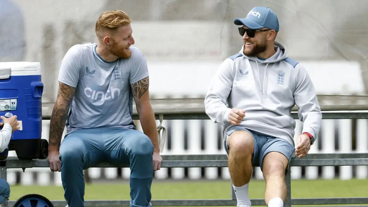 New England captain Ben Stokes, left, and new Test coach Brendon McCullum during a nets session at Lord's.