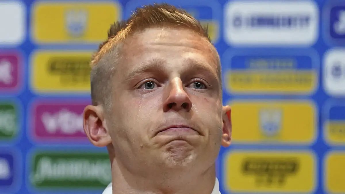 Ukraine's Oleksandr Zinchenko reacts during a press conference at Hampden Park, in Glasgow, May 31, 