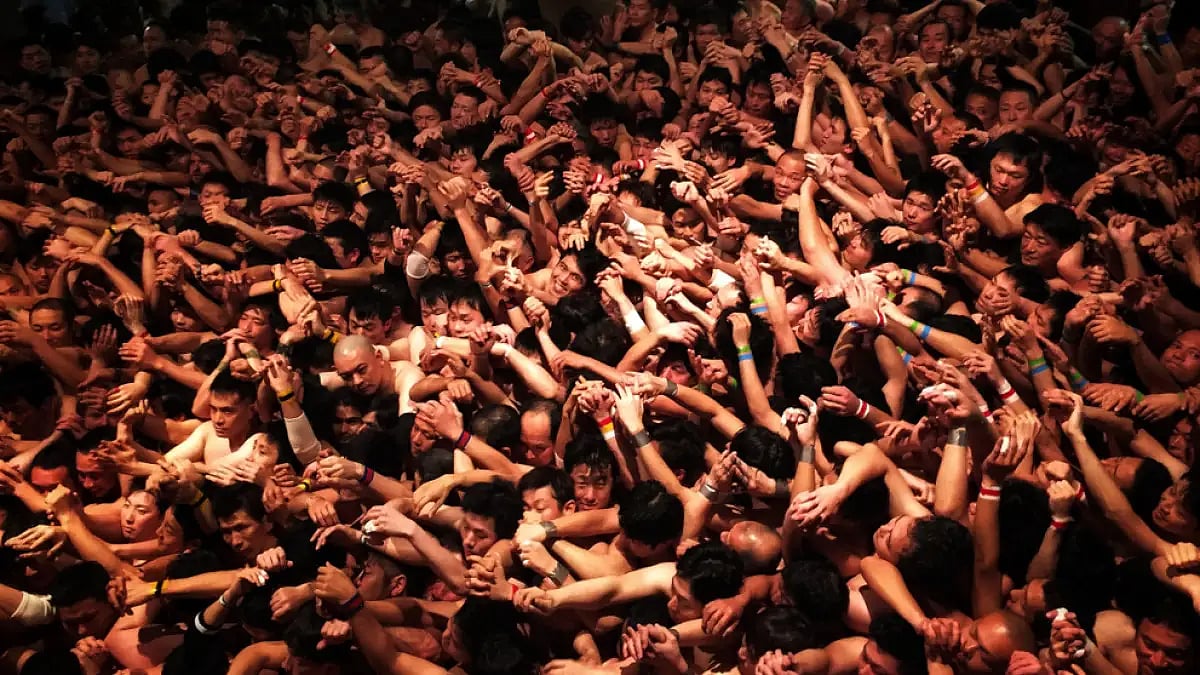 Thousands of men in Fundoshi loincloths throng the Saidaiji Temple in Okayama Prefecture for the Had