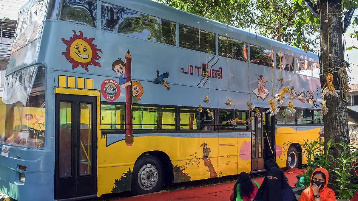 A KSRTC bus, converted into a high-tech classroom, at the Manacaud Govt Lower Primary School