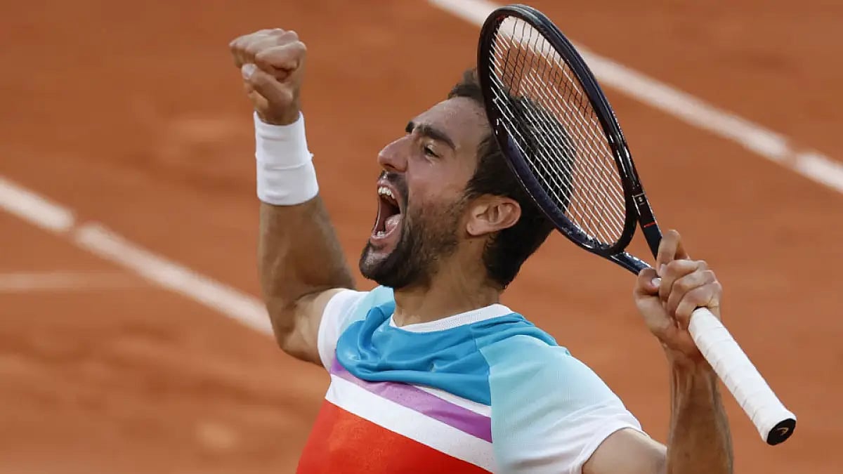 Marin Cilic delivered 33 aces in his 5-7, 6-3, 6-4, 3-6, 7-6 (10-2) win over Andrey Rublev.