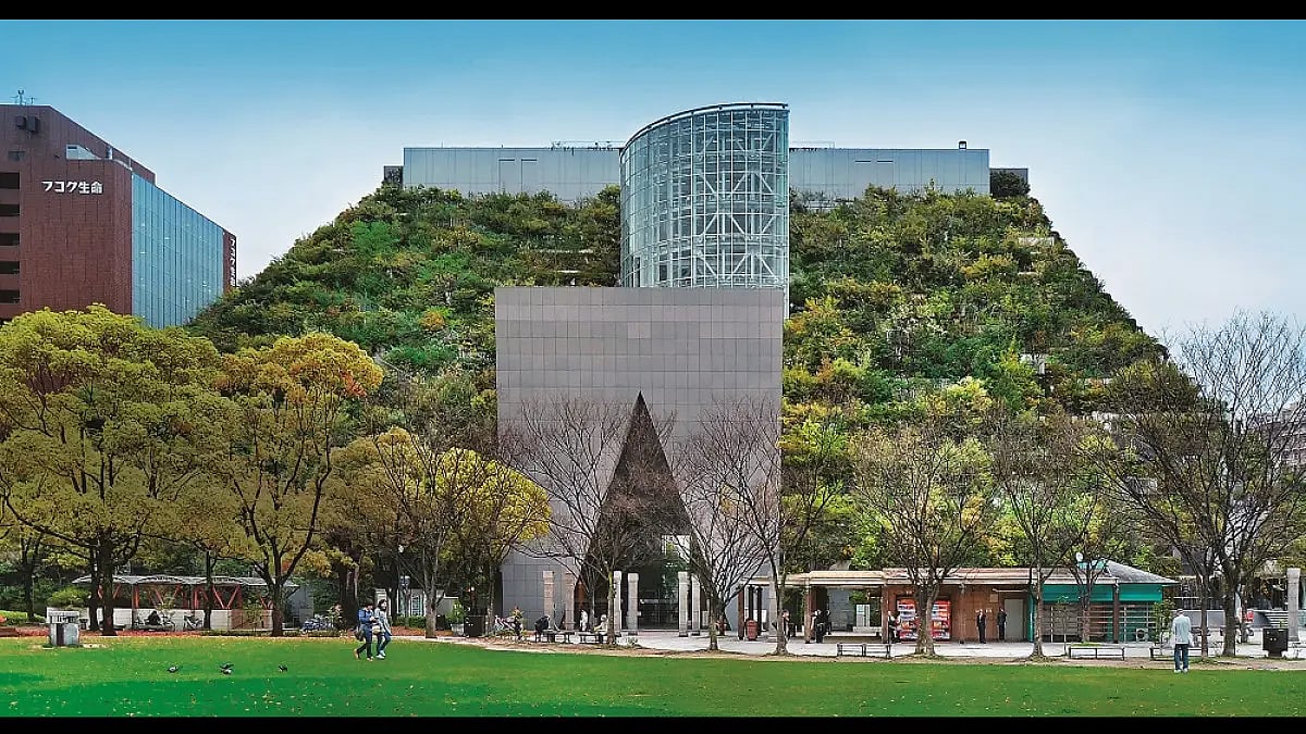 The green façade of the ACROS Prefectural Hall in Fukuoka, Japan