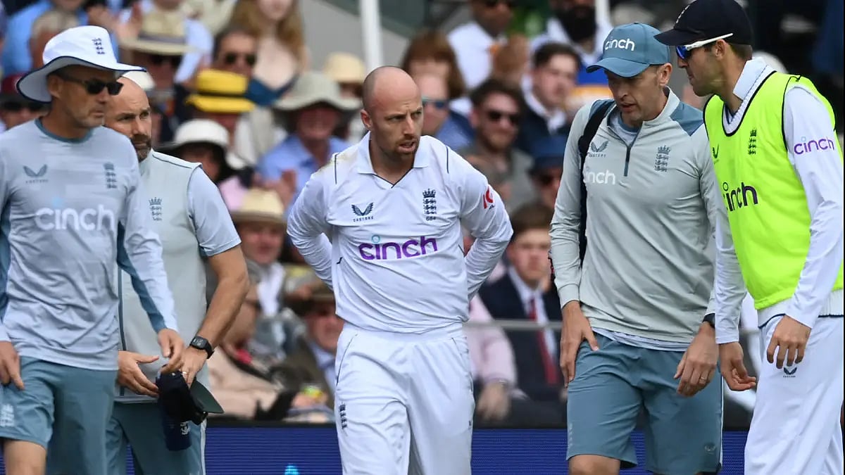 England spinner Jack Leach walks out of the ground on Day 1 of the first Test against New Zealand. 