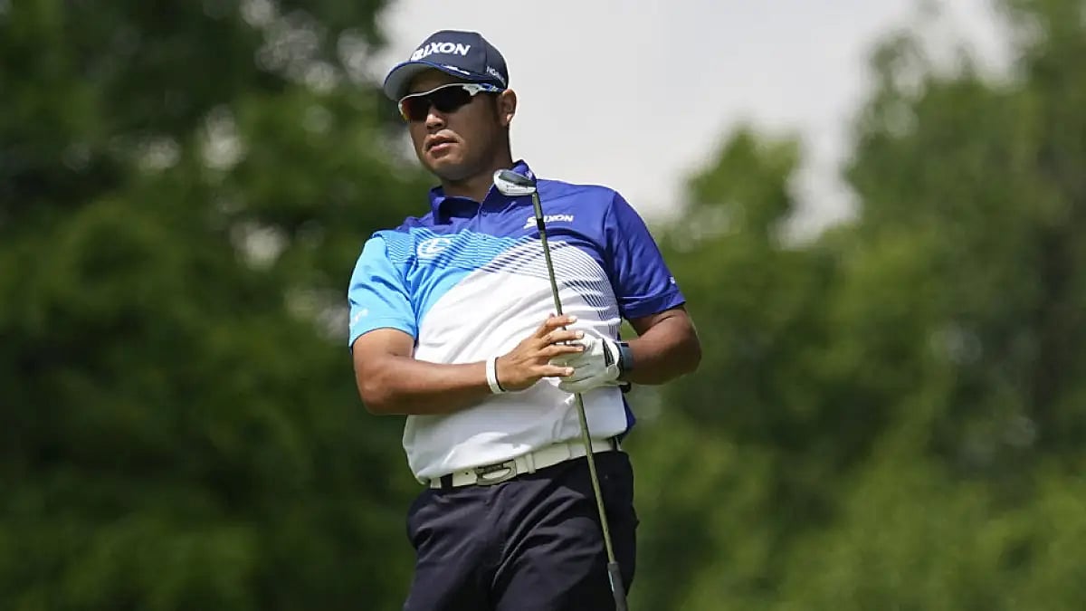 Hideki Matsuyama watches his shot on the ninth fairway during the first round of the Memorial golf tournament, June 2, 2022.