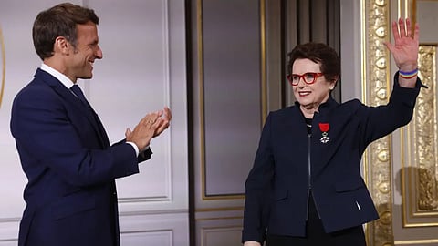 Emmanuel Macron (left) applauds Billie Jean King after she was awarded the Legion of Honor in June 3, 2022.