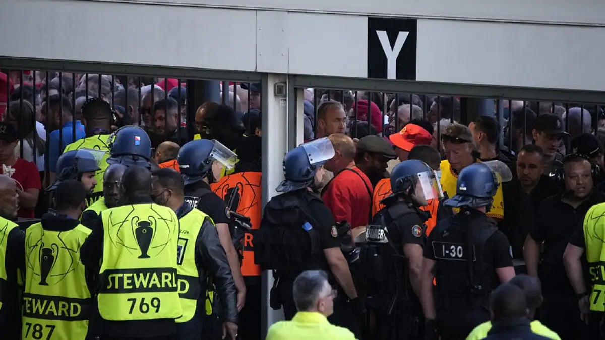 Police officers guard the Stade de France prior to the Champions League final match between Liverpool and Real Madrid.