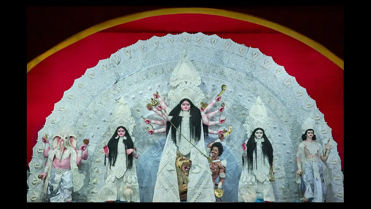 Goddess Durga and her family dressed in their eco-friendly shola attire
