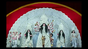 Goddess Durga and her family dressed in their eco-friendly shola attire