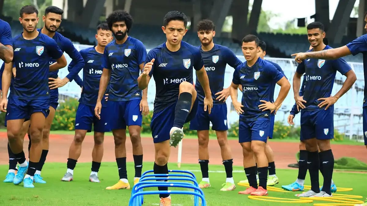 Indian players during a training session. Get 2023 AFC Asian Cup qualifiers live streaming details.