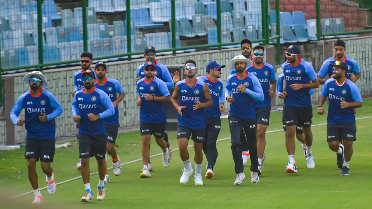Indian players warm up ahead of their first T20 against South Africa in Delhi.