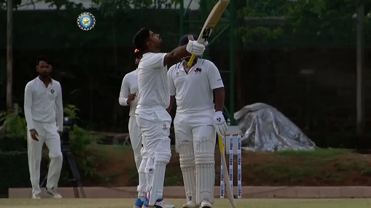 Mumbai's Suved Parkar celebrates his ton against Uttarakhand in Ranji Trophy 2021-22.  