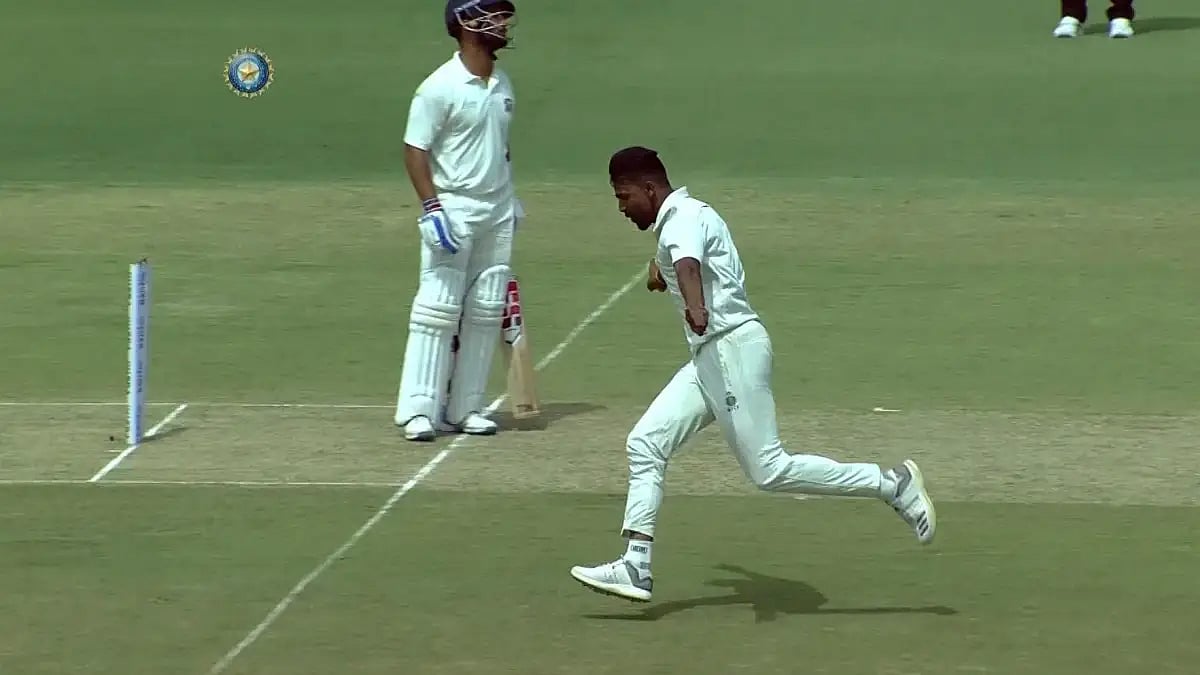 Madhya Pradesh players celebrate the fall of a Punjab wicket in their Ranji Trophy 2021-22 quarters.